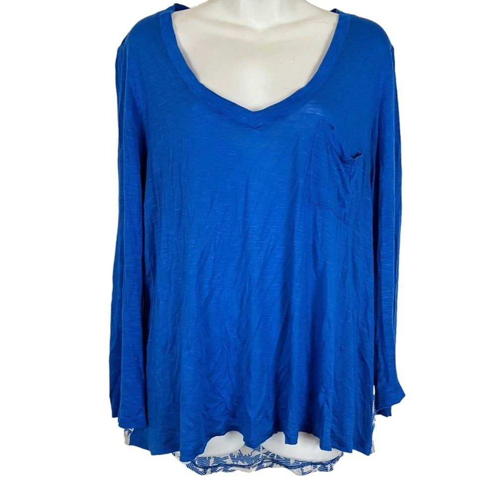 Porridge Anthropologie Blue V-Neck High Low Floral Back Long Sleeve Top Shirt M